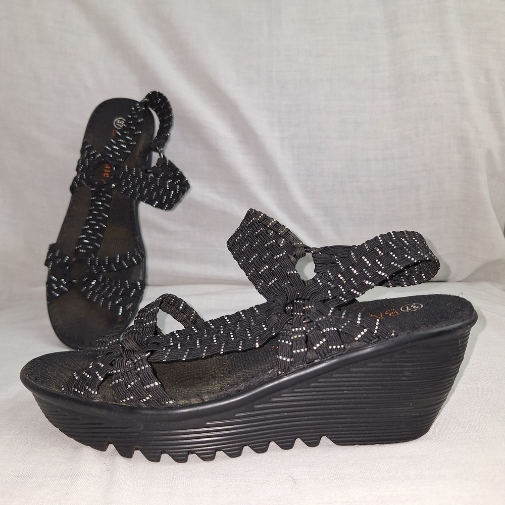 Y2K Tech Retro Ergonomic Bernie Mev Black 37 (6.5) Woven Platform Wedge Sandals